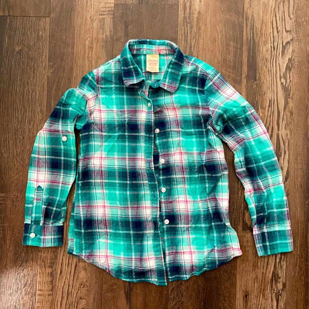 Faded Glory Girls Teal/Pink Plaid Flannel Shirt